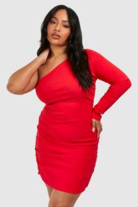 Boohoo Plus Geplooide Bengaline Mini Jurk Met Eén Blote Schouder, Red