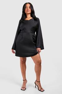 Boohoo Plus Mini Jurk Met Textuur, Col En Wijde Mouwen, Black