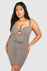 Plus Bengaline Bodycon Jurk Met Veters, Taupe