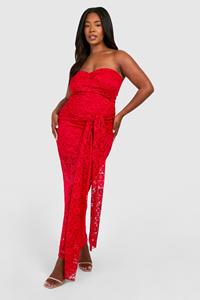 Boohoo Plus Kanten Strapless Bodycon Jurk, Dark Red
