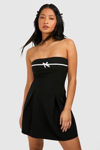 Boohoo Petite Bow Contrast Pleated Bandeau Mini Dress, Black