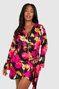 Boohoo Plus Tie Front Printed Satin Shirt Dress, Black