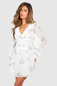 Boohoo Chiffon Bloemen Mini Jurk Met Ruches, Floral