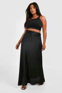 Boohoo Plus Satijnen Maxi Rok Met Touwtjes, Black