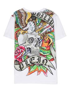 philipppleinjunior Philipp Plein Junior Katoenen T-shirt met logoprint - Wit