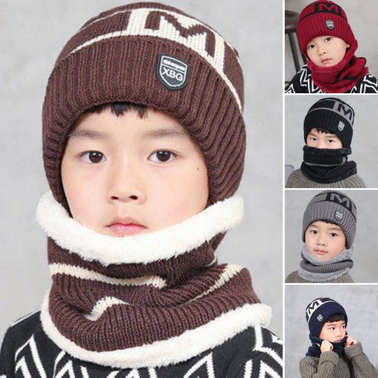 Winter Children Hat Scarf Set Letter Printed Thickened Elastic Warm Anti-slip Soft Dome Windproof Ear Neck Protection Cap Neck Warp Set