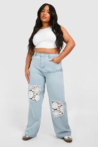 Boohoo Plus Gehaakte Mix Wide Leg Jeans, Light Blue