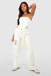 Boohoo Gehaakte Wide Leg Jeans Met Ceintuur, Ecru