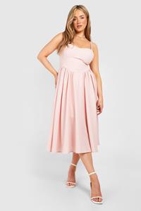 Boohoo Plus Linen Milkmaid Midi Dress, Pink