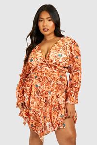 Boohoo Plus Dobby Mesh Paisley Long Sleeve Plunge Mini Dress, Stone