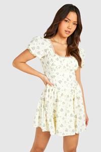 Boohoo Ditsy Floral Puff Sleeve Milkmaid Mini Dress, Yellow