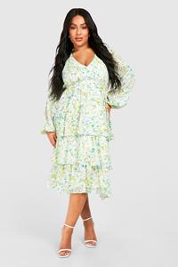 Boohoo Plus Dobby Bloemen Midi Skater Jurk Met Laagjes, Ivory