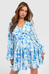 Boohoo Skater Jurk Met Print, Geplooide Taille En Ruches, Blue