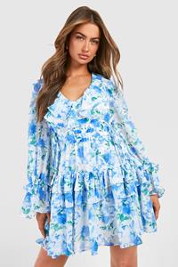 Boohoo Printed Gathered Waist Ruffle Detail Skater Dress, Blue