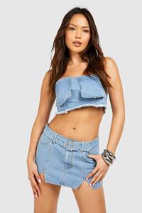 Boohoo Notch Detail Buckle Belt Denim Micro Mini Skirt, Light Blue