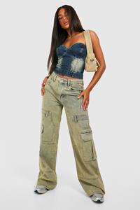 Boohoo Gele Getinte Wide Leg Denim Cargo Broek, Vintage Wash