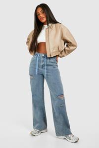 Boohoo Gescheurde Jeans Met Geplooide Taille En Touwtjes, Blue