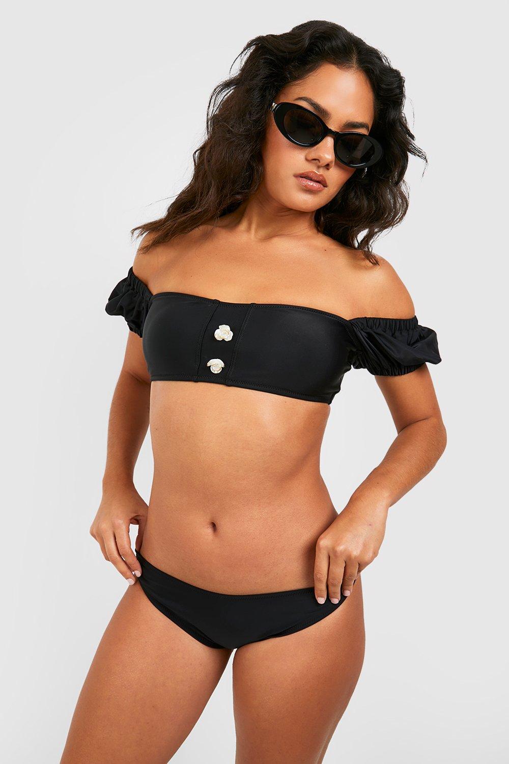 Boohoo Gewatteerde Bikini Set Met Parel Detail En Korte Mouwen, Black
