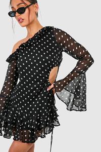 Boohoo Petite Polka Dot Chiffon Mini Dress, Black