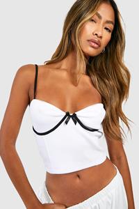 Boohoo Geribbelde Korset Top Met Strik, White