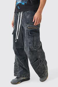 Boohoo Zwarte Acid Wash Gebleekte Parachute Cargo Jeans Met Elastische Taille, Black