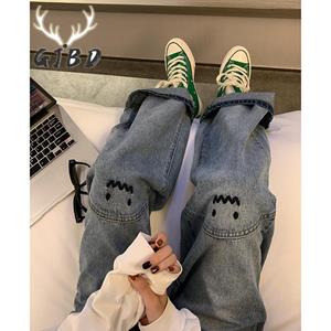 Fashion bag01 Dames Jeans Hoge Taille Rechte Baggy Mode Broek Streetwear Harajuku Vintage Casual Vrouwelijke Wijde Pijpen Denim Broek XXXXL blauw