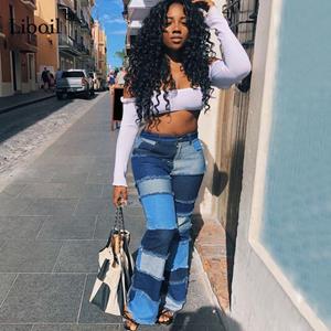 Boho berry Adisputente kleurblok hoge taille flare jeans met zakken streetwear sexy damesbroeken bell bottoms skinny denim jean broek XL blauw