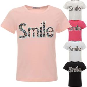 BEZLIT Mädchen Sommer Shirt mit Glitzersteinchen im Smile-Schriftzug 104 grijze kleur