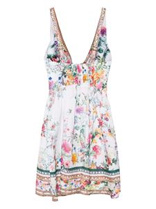 Camilla Linnen mini-jurk met bloemenprint en uitgesneden details - Wit