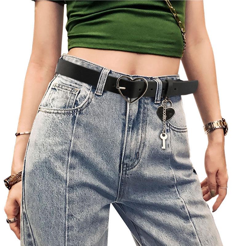 R&N Fashion Silver Gold Heart Buckle Jeans Belts Strap PU Leather Black Dress Belt for Women Love Lock Pendant Girls Waist Belt