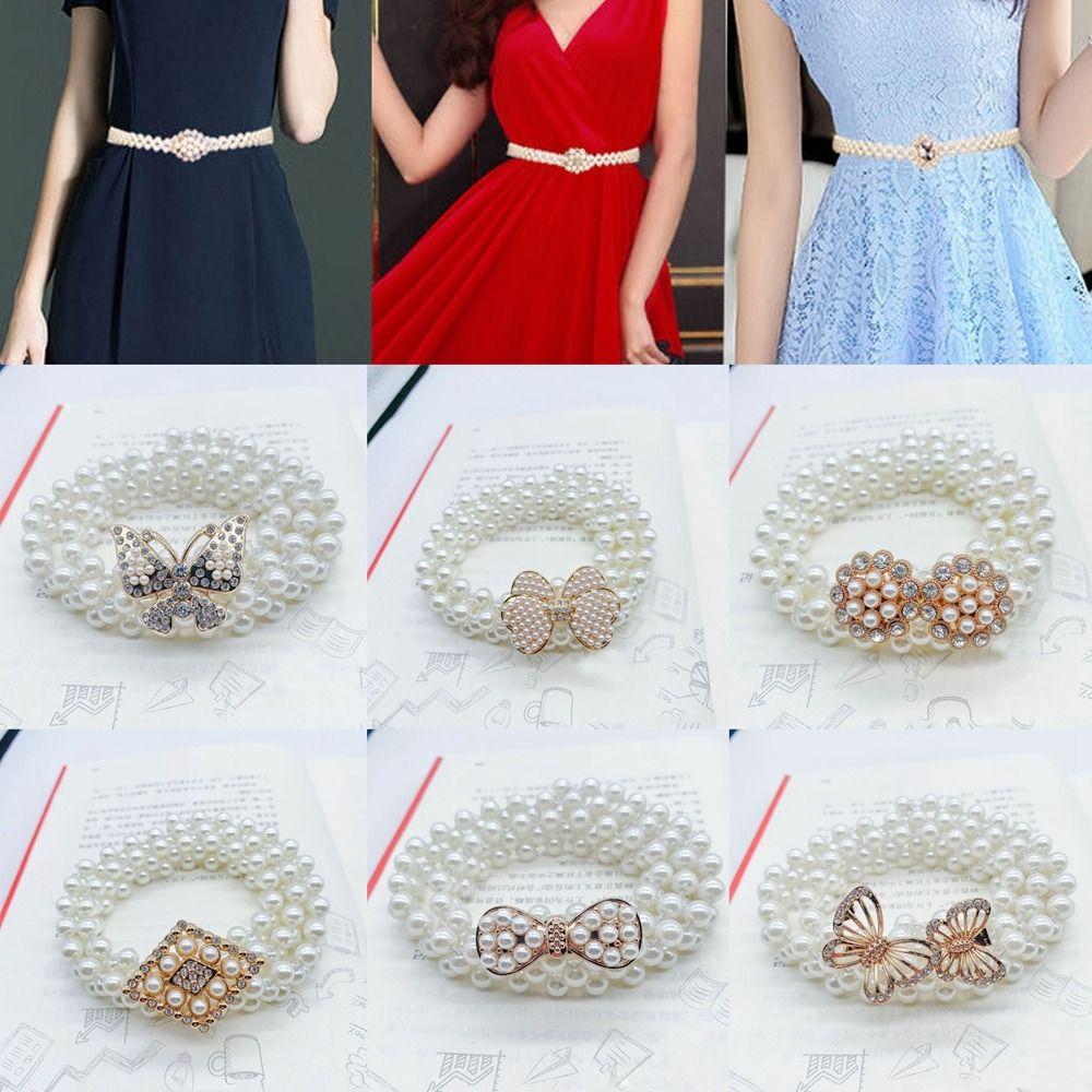 NicceBazar Elastic Buckle Pearl Waist Belt Clothing Supplies Diamond Waist Chain Fashion Elastic Belt  Women
