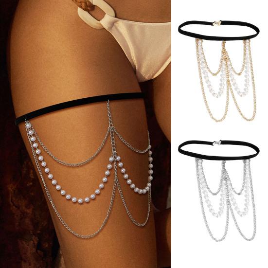 Jinleyu Chain Tassel Imitation Pearls Leg Chain Fine Workmanship Decorative Elastic Rope Women Thigh Chain Jewelry Gift
