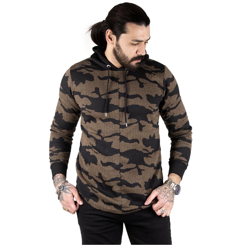 DeepSea Camouflage Patterned Hooded Men's Sweatshirt with Ribbed Sleeves 2303093