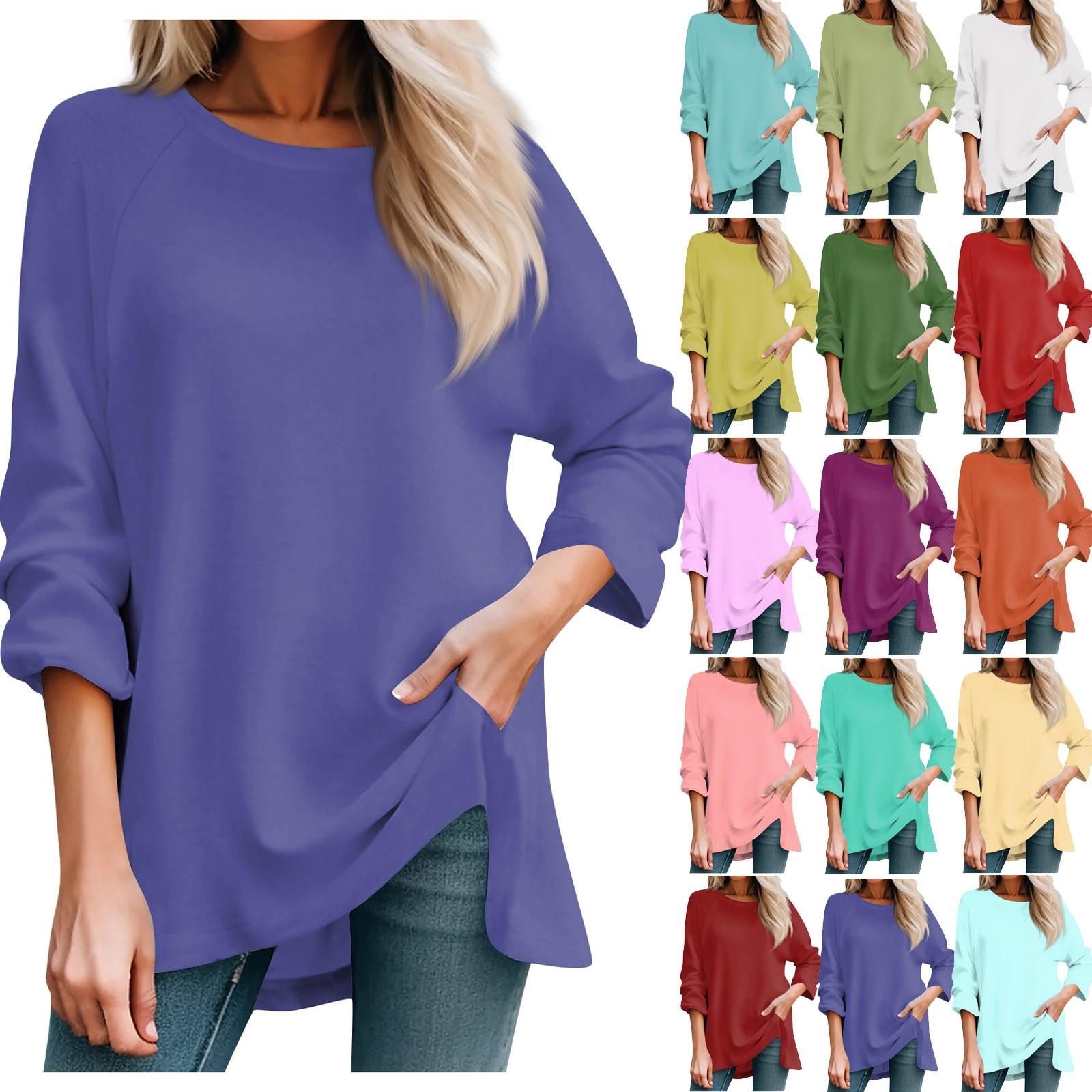 WhyMe Women's Fashion Casual T-shirt Solid Color Long Sleeve Round Neck Medium Long Top