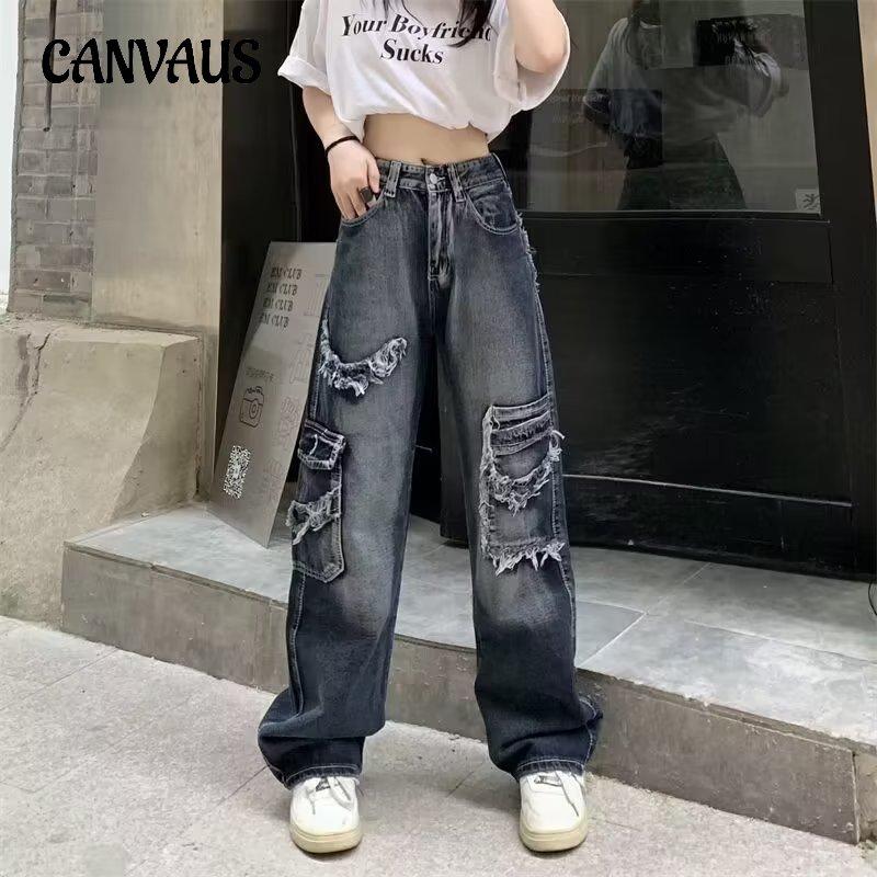 CANVAUS Vintage Jeans for Women Spring Autumn Summer Loose Wide Leg Pant Plus Size Trousers Tide