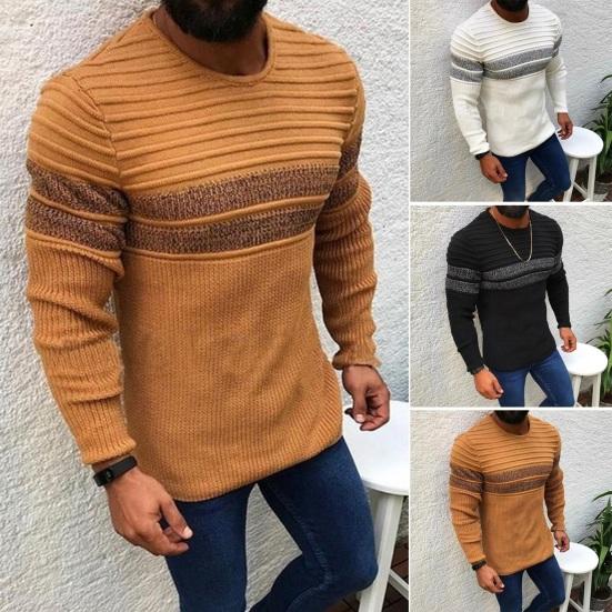 Manshanwangluo Men Autumn Winter Stripes Splicing Sweater Casual Slim Fit Knitted Tops O-neck Long Sleeve Color-Blocked Pullover Knitwear