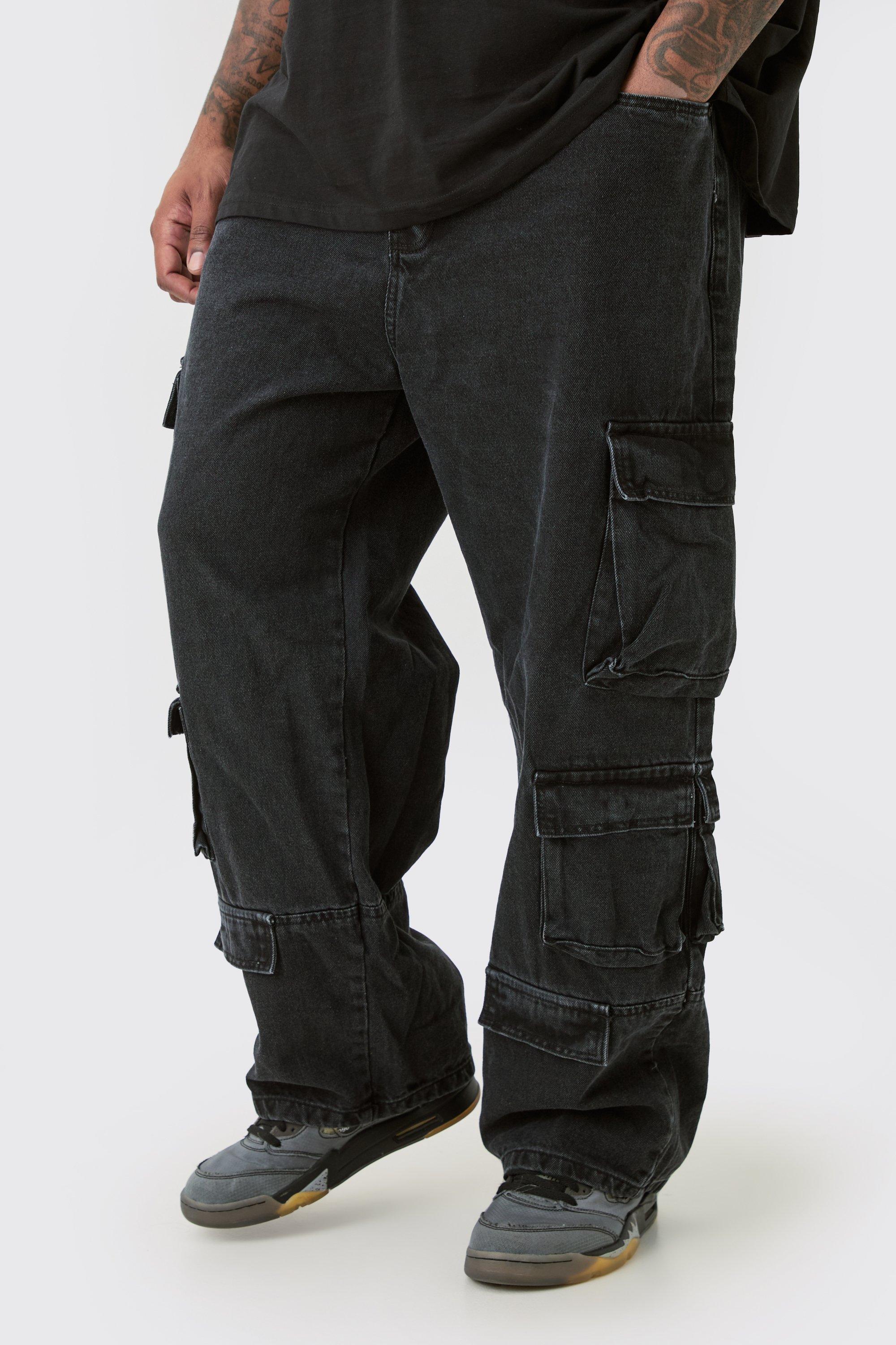 Boohoo Plus Baggy Acid Wash Gebleekte Cargo Jeans, Charcoal