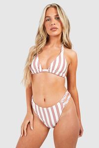 Boohoo Gestreepte Driehoekige Bikini Set Met Gevlochten Bandjes, Cream