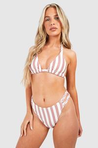 Boohoo Stripe Print Braided Straps Triangle Bikini Set, Cream