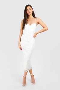 Boohoo Kanten Midi Jurk Met Korset Detail, White