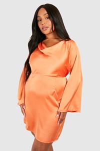 Boohoo Plus Mini Jurk Met Textuur, Col En Wijde Mouwen, Orange