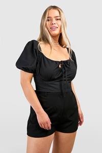 Boohoo Plus Linnen Crop Top Met Pofmouwen En Geplooide Buste, Black
