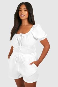 Boohoo Plus Linnen Crop Top Met Pofmouwen En Geplooide Buste, White