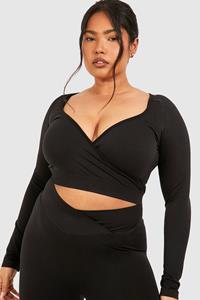 Boohoo Plus Naadloze Wikkeltop Met Lange Mouwen, Black