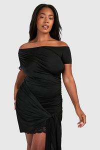 Boohoo Plus Mini Jurk Met Kanten Zoom, Open Schouders En Strik, Black