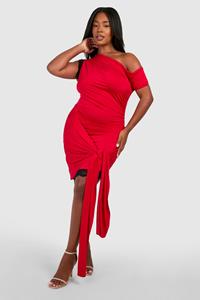 Boohoo Plus Mini Jurk Met Kanten Zoom, Open Schouders En Strik, Red