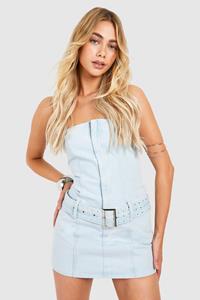 Boohoo Strapless Mini Spijkerjurk Met Ceintuur, Bleach Wash