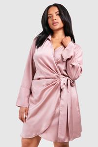 Boohoo Plus Satin Wrap Shirt Dress, Dusky Pink