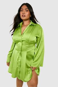 Boohoo Plus Satijnen Blouse Jurk Met Korset Detail En Wijde Mouwen, Chartreuse