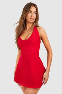 Boohoo Bengaline A-Lijn Mini Jurk Met Laag Decolleté, Red